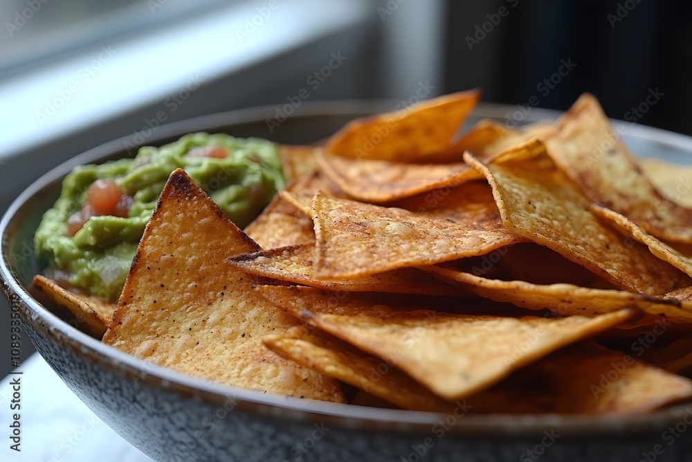 A bowl of crispy tortilla chips served with a side of guacamole. A bowl of crispy tortilla chips served with a side of guacamole.