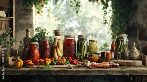 A rustic kitchen setting with a mix of pickled vegetables in jars, fresh spices, and herbs, evoking traditional preservation techniques.