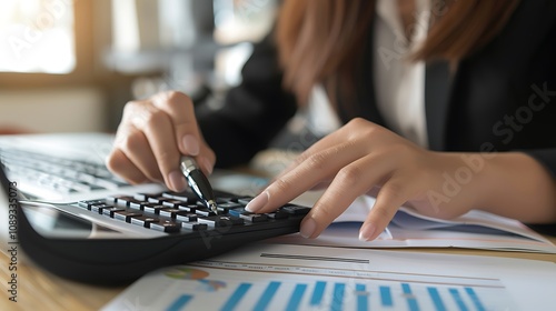 A professional individual working on a calculator with documents and graphs on a desk, focusing on financial analysis.