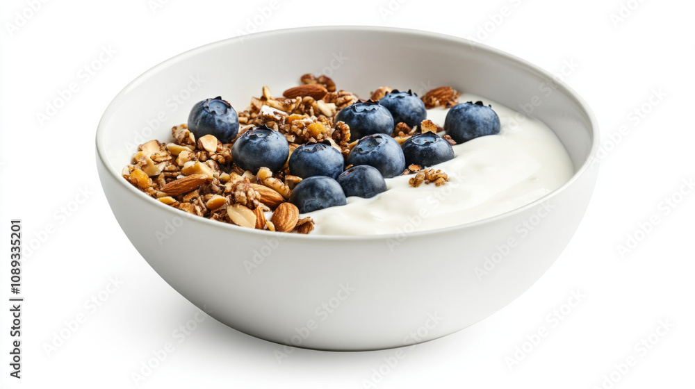 Delicious bowl of yogurt with granola and fresh blueberries for breakfast Delicious bowl of yogurt with granola and fresh blueberries for breakfast