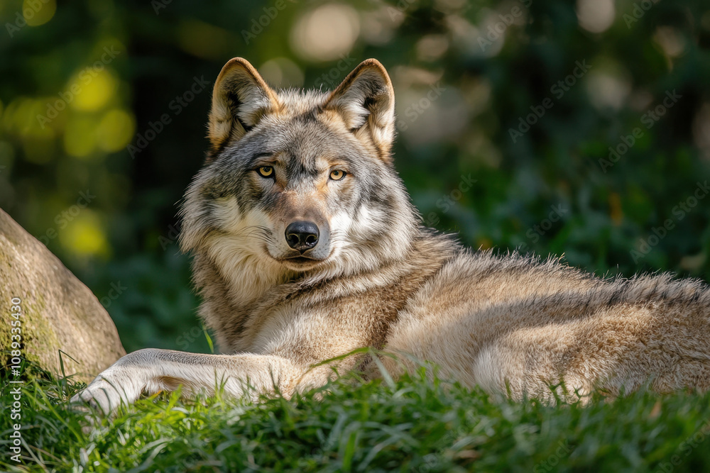 Majestic wolf resting in a sunlit forest, showcasing its thick fur and piercing eyes, capturing a tranquil moment in the wild. Majestic wolf resting in a sunlit forest, showcasing its thick fur and piercing eyes, capturing a tranquil moment in the wild.