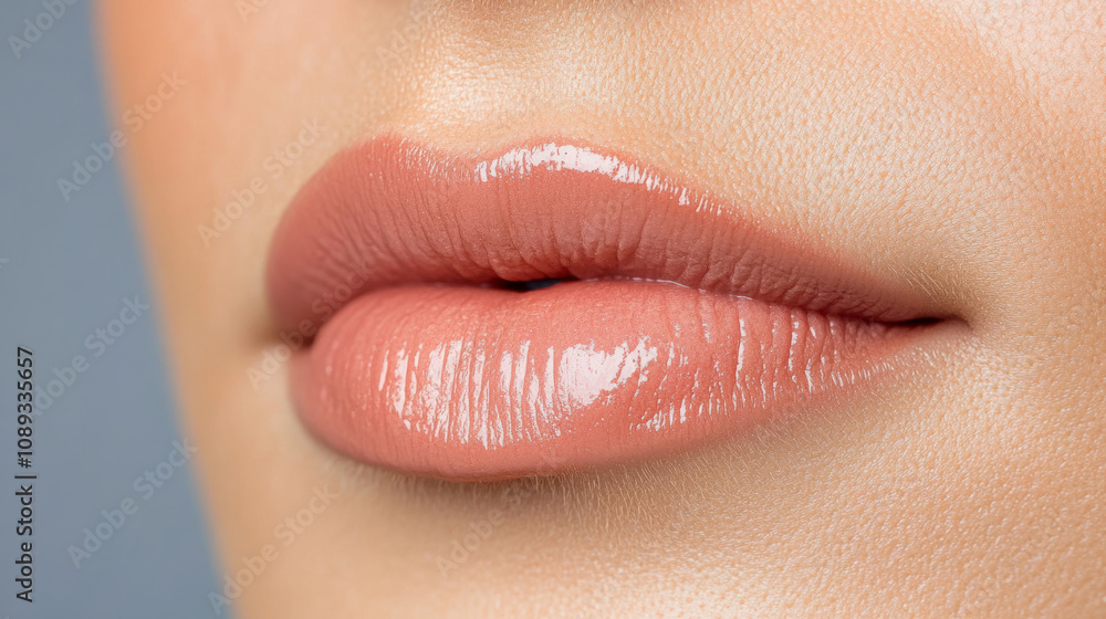 Beautiful close-up of soft, glossy lips highlighted by natural light Beautiful close-up of soft, glossy lips highlighted by natural light