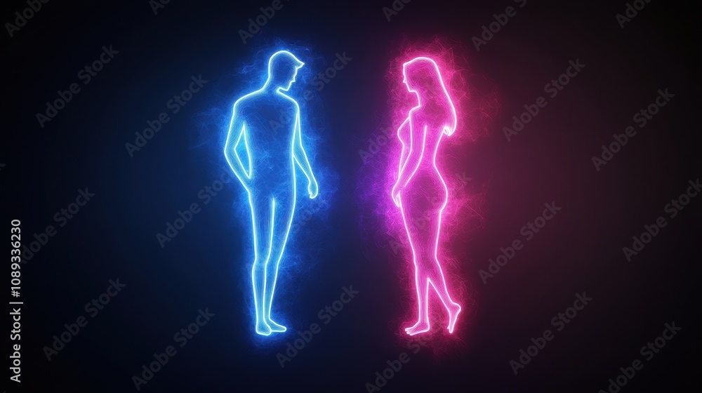 Neon Silhouettes of a Man and Woman Against a Dark Background, Vibrant Colors, Artistic Representation, Modern Digital Art, Perfect for Romantic Themes and Creative Projects Neon Silhouettes of a Man and Woman Against a Dark Background, Vibrant Colors, Artistic Representation, Modern Digital Art, Perfect for Romantic Themes and Creative Projects