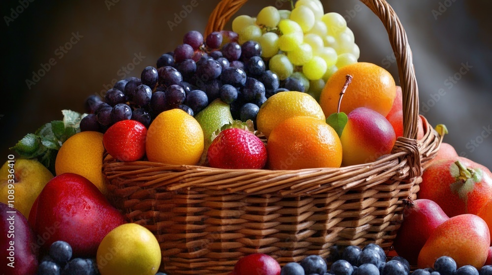 A Beautifully Arranged Basket of Fresh and Colorful Fruits Including Grapes, Strawberries, Oranges, Apples, and Pears on a Dark Background for a Vibrant Display A Beautifully Arranged Basket of Fresh and Colorful Fruits Including Grapes, Strawberries, Oranges, Apples, and Pears on a Dark Background for a Vibrant Display