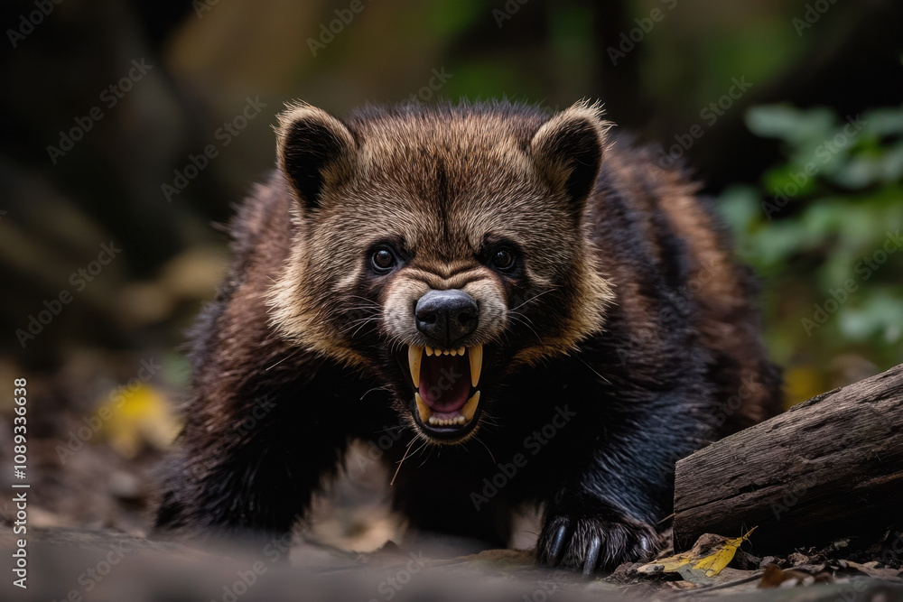 Fototapeta premium A fierce wolverine with sharp teeth, captured in a dense forest setting, displaying an intense and wild demeanor.