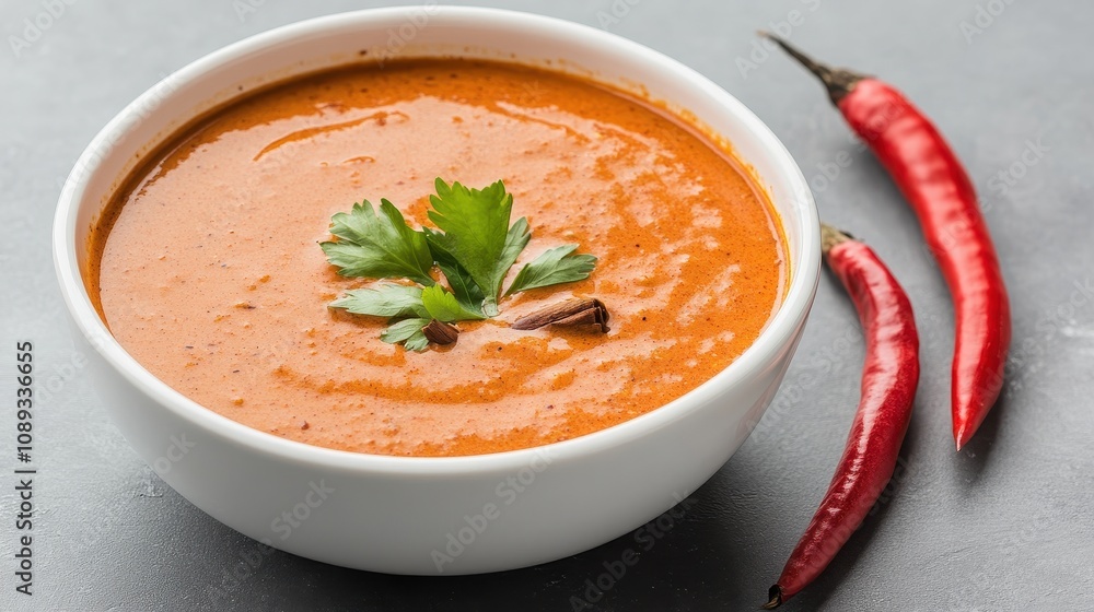 A Bowl of Thai Curry Soup Featuring Rich Cinnamon Flavor and Fresh Ingredients Surrounded by Red Chilies for an Authentic Culinary Experience