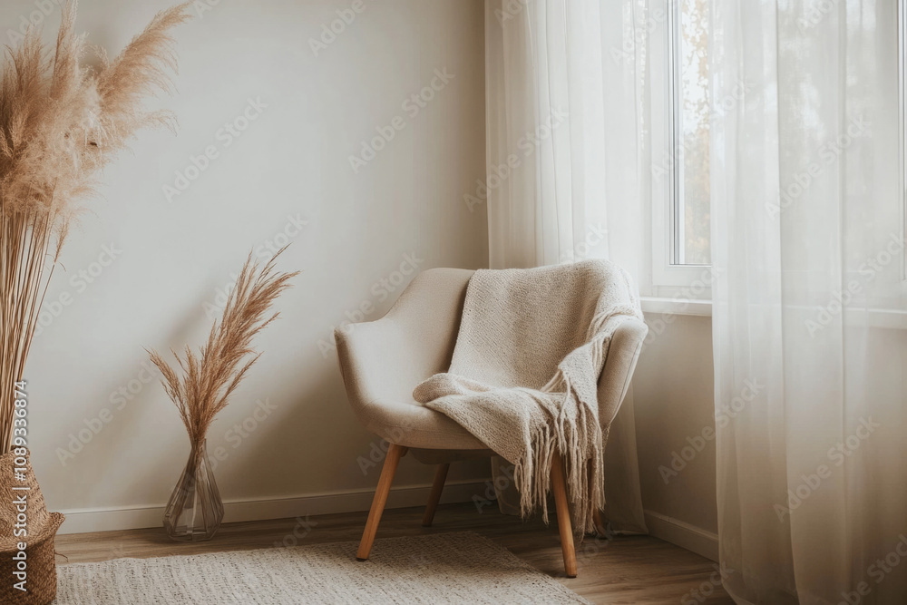 Cozy corner with a chair and warm decor in a bright room setting Cozy corner with a chair and warm decor in a bright room setting