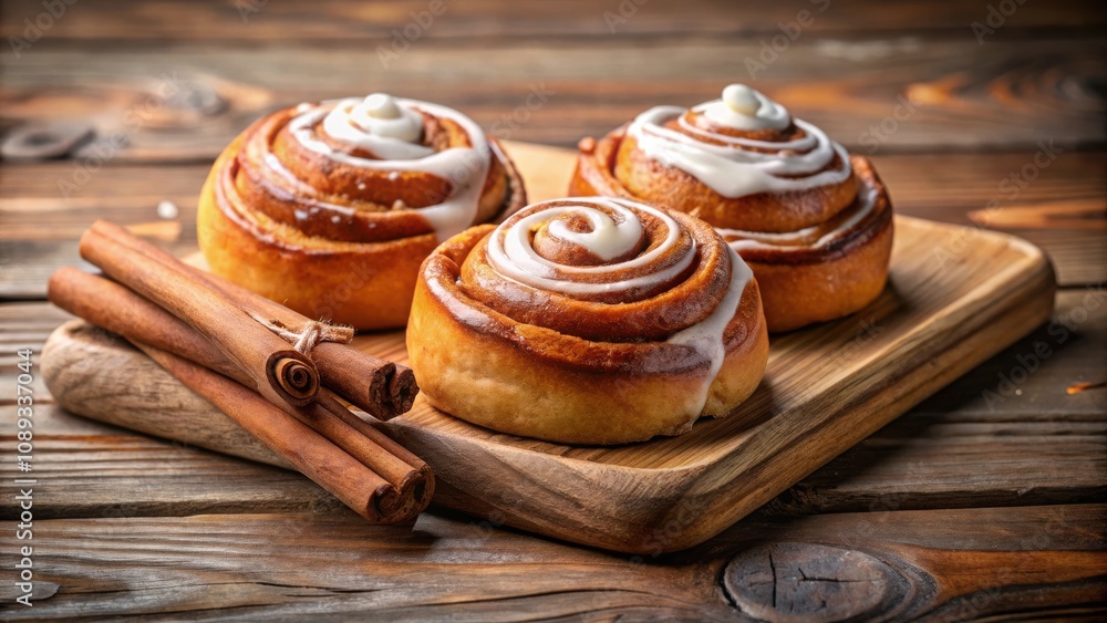 Sweet and Delicious Cinnamon Rolls with Icing and Cinnamon Sticks on a Wooden Board Sweet and Delicious Cinnamon Rolls with Icing and Cinnamon Sticks on a Wooden Board