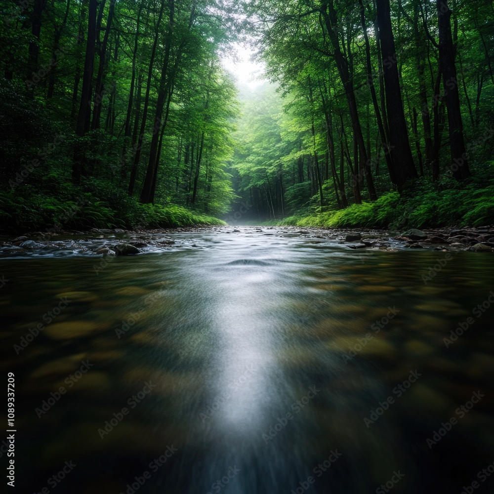 Fototapeta premium serene forest stream with lush greenery and soft light