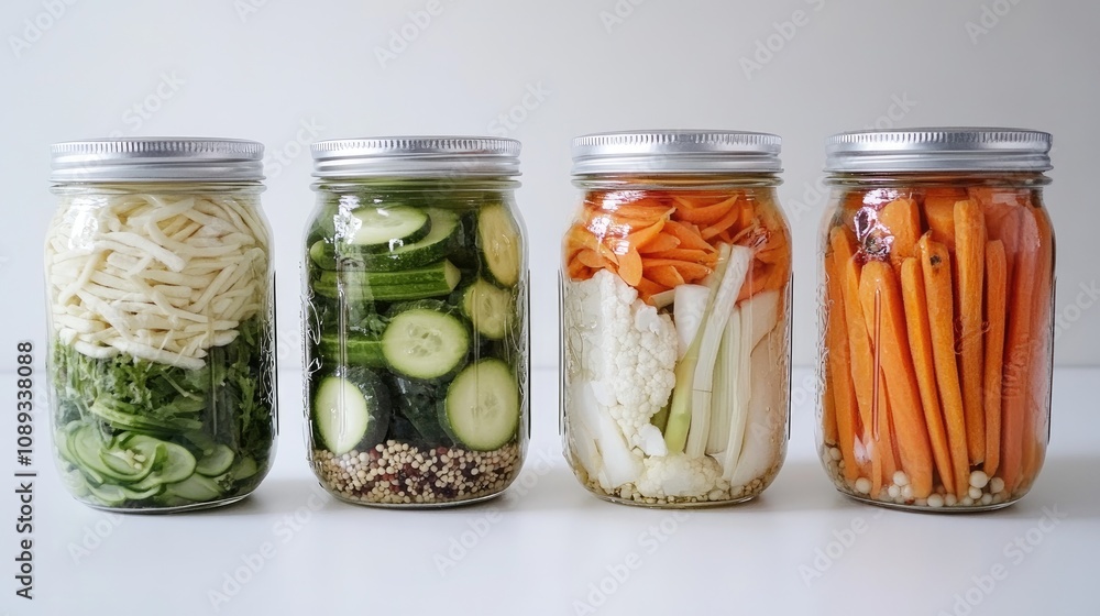 Assorted pickled vegetables, each jar containing a different type, isolated on a white background for a clean, fresh look. Assorted pickled vegetables, each jar containing a different type, isolated on a white background for a clean, fresh look.