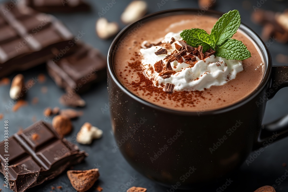 A rich hot chocolate topped with whipped cream and mint, surrounded by chocolate pieces. A rich hot chocolate topped with whipped cream and mint, surrounded by chocolate pieces.