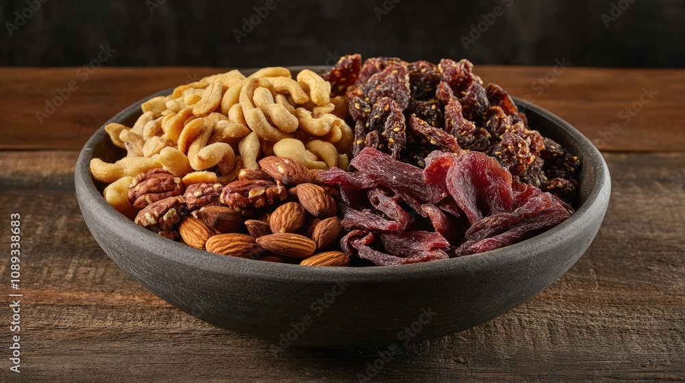 Assortment of dried meats and jerky in a rustic bowl, paired with nuts and dried fruits, creating a wholesome, snack-ready display. Assortment of dried meats and jerky in a rustic bowl, paired with nuts and dried fruits, creating a wholesome, snack-ready display.