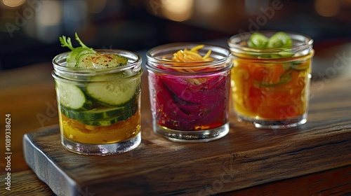 Assorted pickled vegetables, including cucumbers and beets, in jars on a wooden board, emphasizing vibrant colors and freshness.