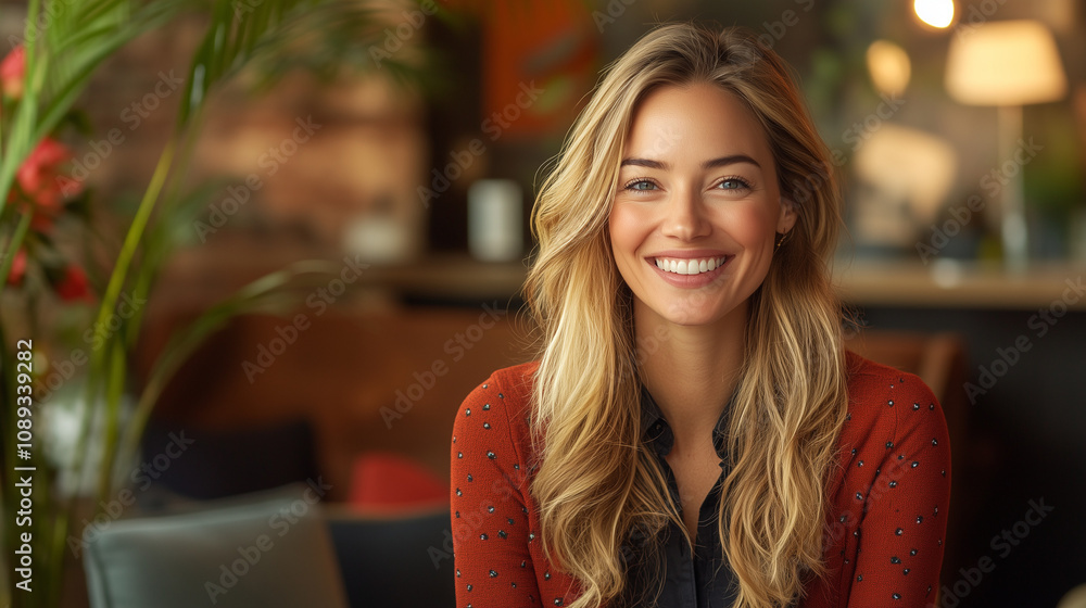 Obraz premium Confident Businesswoman Smiling While Shaking Hands in a Modern Office Environment, Radiating Positivity and Professionalism