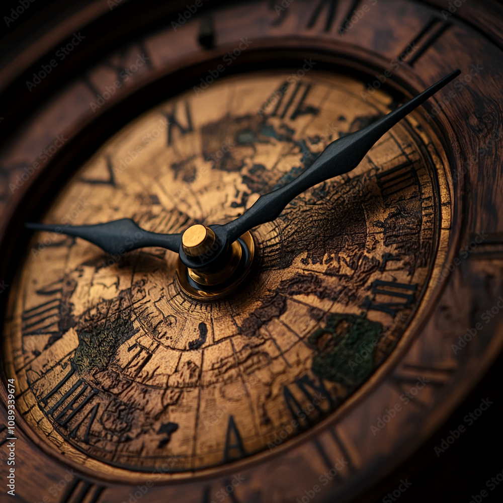 Close-up of an antique world map clock shows intricate detail and the passage of time Close-up of an antique world map clock shows intricate detail and the passage of time