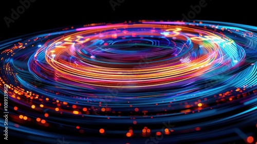 Abstract colorful swirling light trails forming concentric circles on black background.