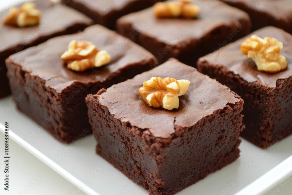 delicious chocolate brownies topped with walnuts on a white plate delicious chocolate brownies topped with walnuts on a white plate