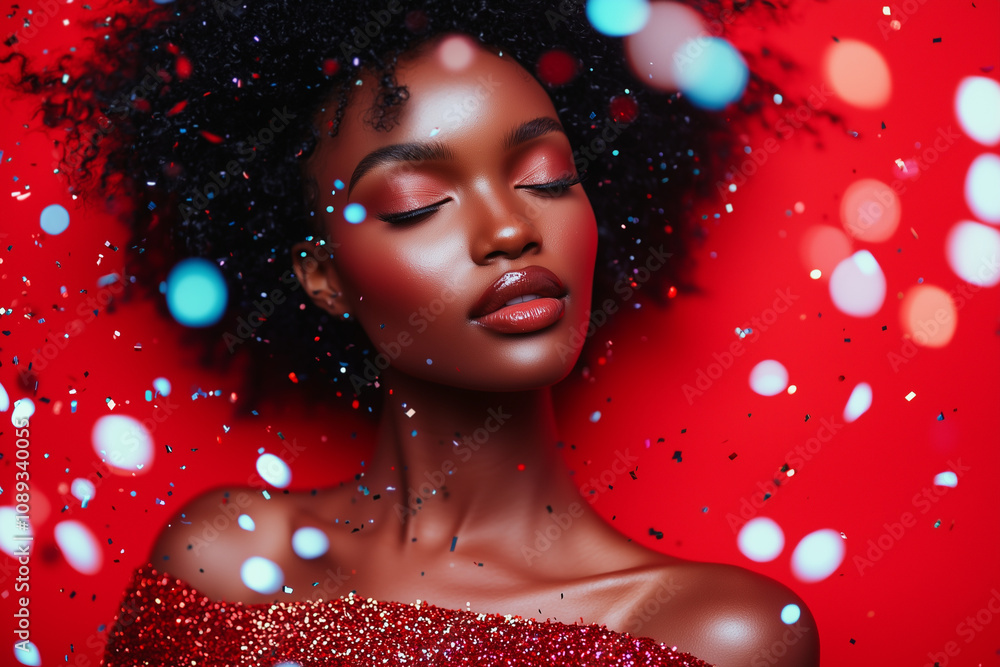 Beautiful African woman with confetti on a red background, holiday concept skin beauty concept winter season glamour portrait Beautiful African woman with confetti on a red background, holiday concept skin beauty concept winter season glamour portrait