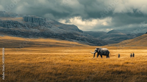 A majestic elephant roams across golden grasslands under dramatic skies. Nature showcases its beauty and tranquility. Explore the wildlife and landscapes. Generative AI