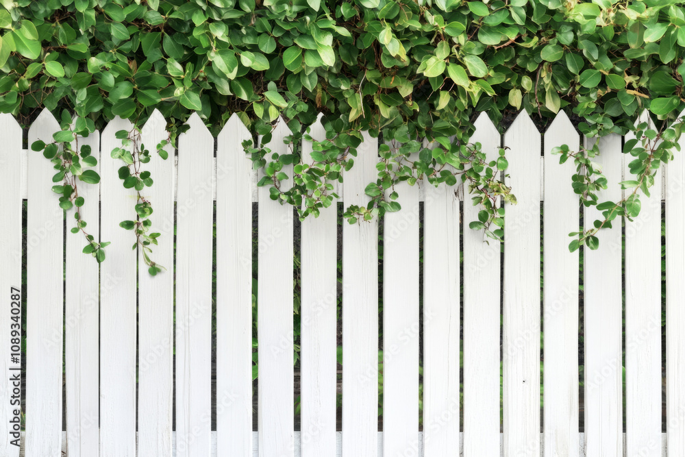 White picket fence adorned with lush green vines and leaves White picket fence adorned with lush green vines and leaves