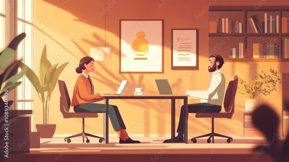 Fototapeta premium Sunlight illuminates a serene workspace where two colleagues collaborate on laptops, creating a calm and productive atmosphere.