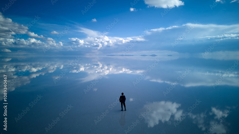 Lone Figure Under the Blue Sky at Uyuni Salt Flats Lone Figure Under the Blue Sky at Uyuni Salt Flats