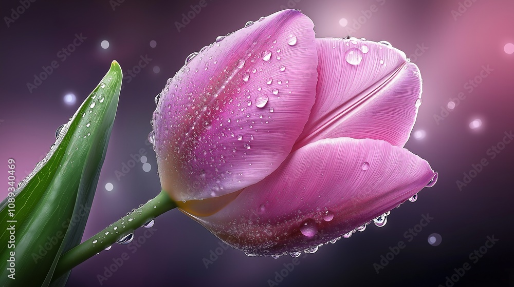 Dewy Pink Tulip on Purple Background Dewy Pink Tulip on Purple Background