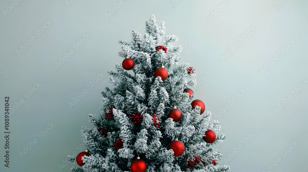 Snow-frosted Christmas tree adorned with red ornaments and berries against a muted green background. Snow-frosted Christmas tree adorned with red ornaments and berries against a muted green background.