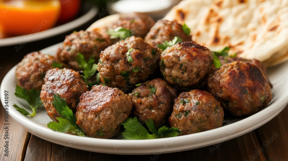 A white plate of cooked meatballs with parsley and pita bread on a wooden table. A white plate of cooked meatballs with parsley and pita bread on a wooden table.