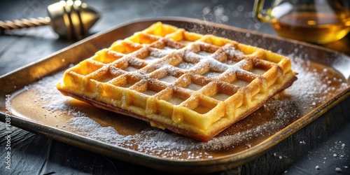 A golden, crispy waffle dusted with powdered sugar, resting on a rustic, brown tray, surrounded by a delicate snowfall of sweetness