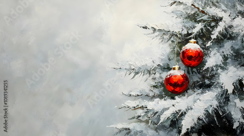 Snowy winter scene with two red ornaments hanging on a snow-covered evergreen branch against a white background.