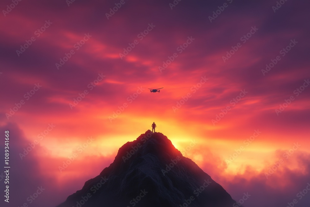 silhouette of a person on a mountain peak with a drone against a colorful sunset silhouette of a person on a mountain peak with a drone against a colorful sunset