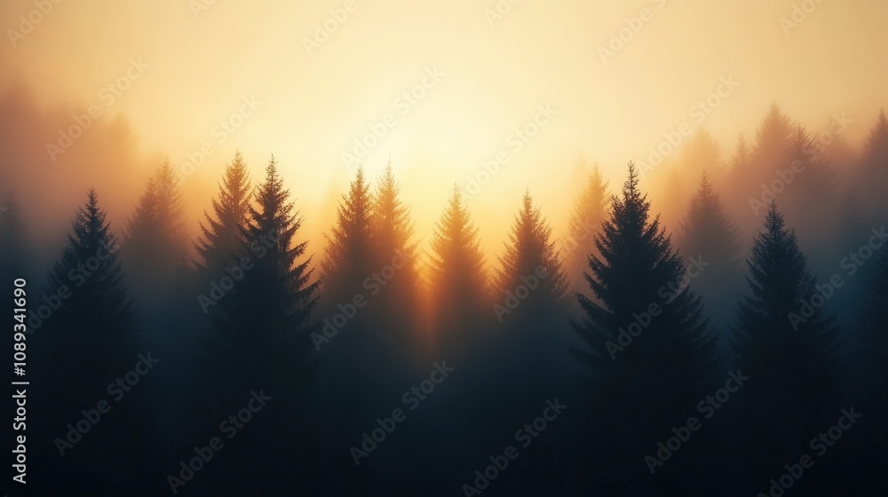 misty forest at sunrise with silhouettes of pine trees misty forest at sunrise with silhouettes of pine trees