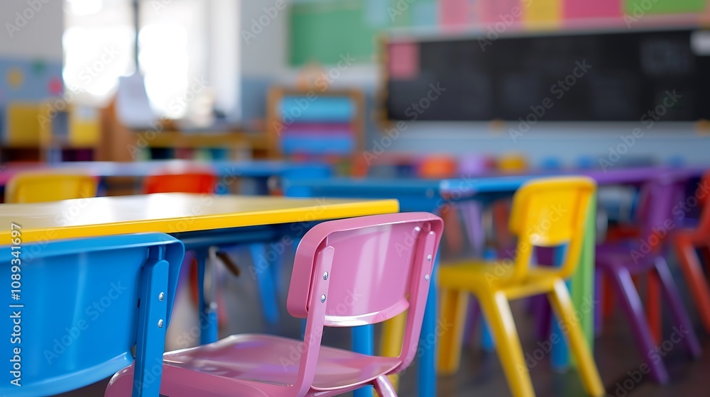 A colorful classroom setting with vibrant chairs and tables, designed for an engaging learning environment. A colorful classroom setting with vibrant chairs and tables, designed for an engaging learning environment.