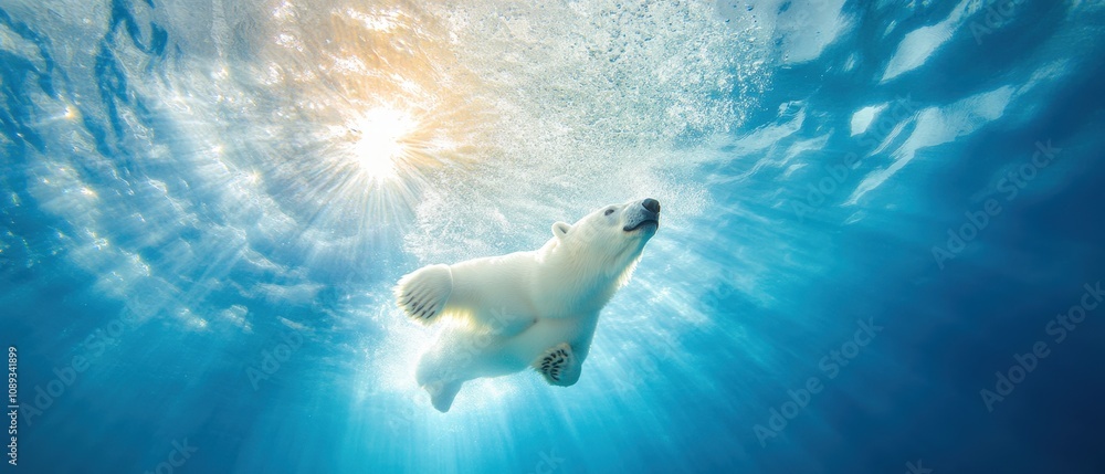 Fototapeta premium polar bear swimming underwater in a clear blue ocean with sunlight filtering through the water