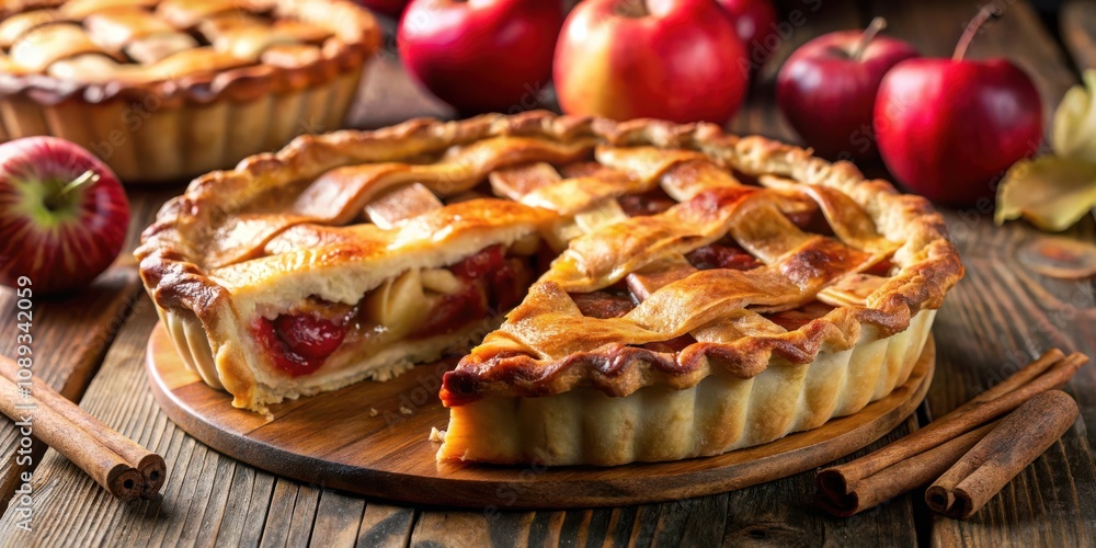 A Warm and Delicious Homemade Apple Pie with a Golden Crust, Served on a Rustic Wooden Table with Fresh Apples and Cinnamon Sticks A Warm and Delicious Homemade Apple Pie with a Golden Crust, Served on a Rustic Wooden Table with Fresh Apples and Cinnamon Sticks