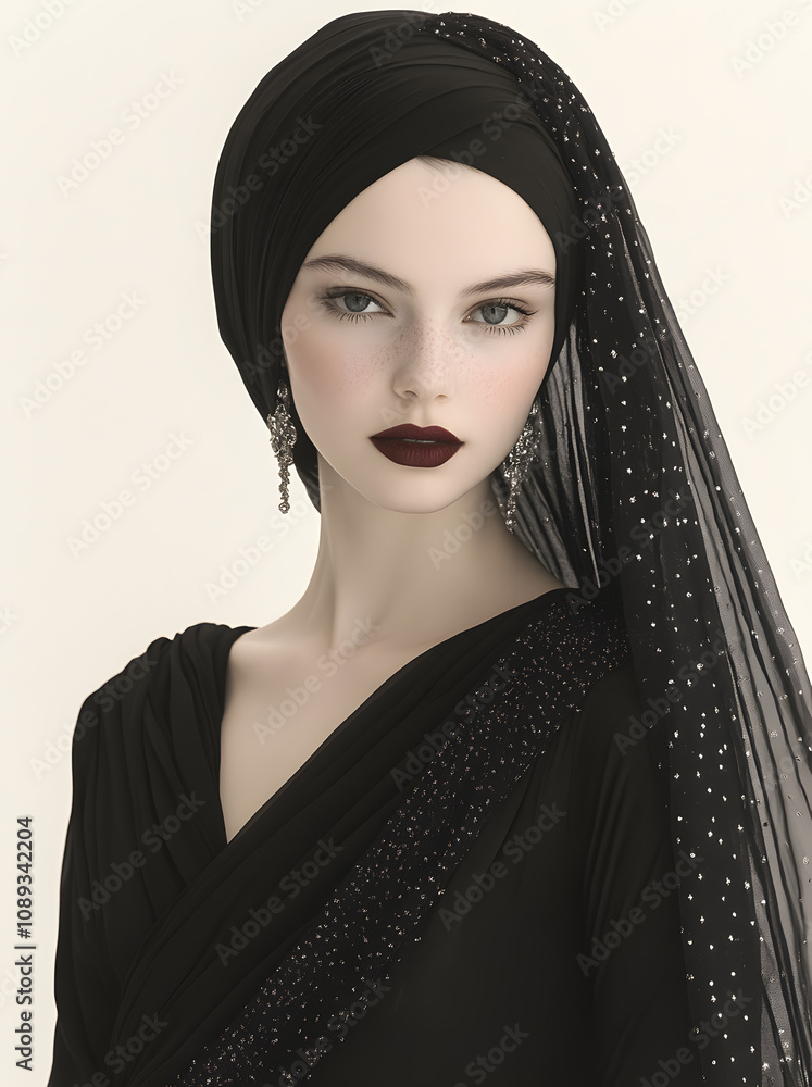 Elegant Woman in Black Draped Attire with Dark Lipstick Elegant Woman in Black Draped Attire with Dark Lipstick