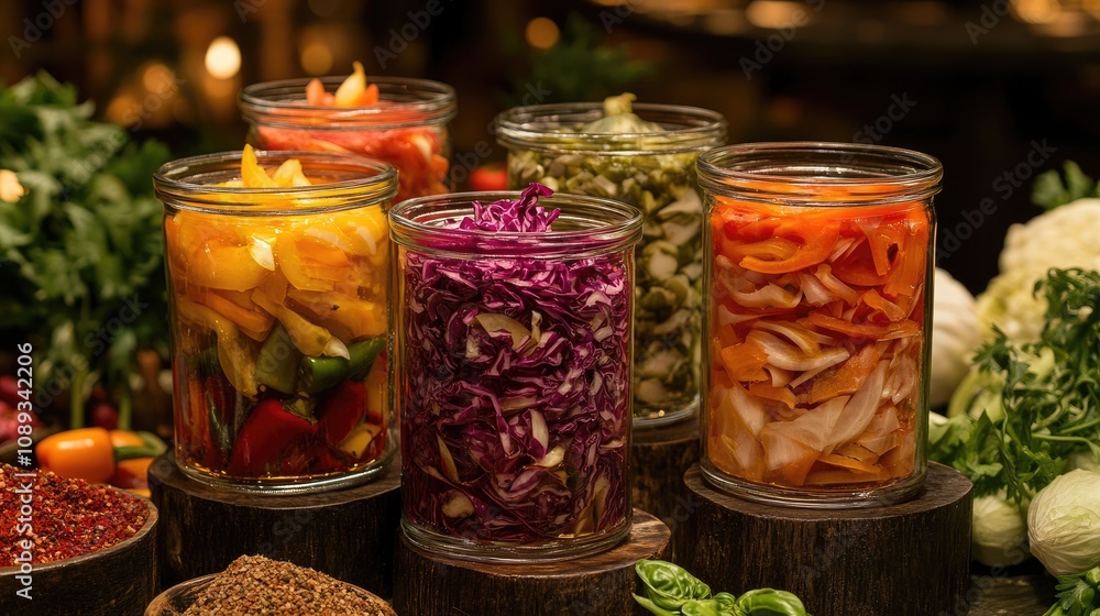 Colorful pickled peppers, cabbage, and onions in glass jars, with fresh veggies and spices in the background for a farm-to-table theme. Colorful pickled peppers, cabbage, and onions in glass jars, with fresh veggies and spices in the background for a farm-to-table theme.