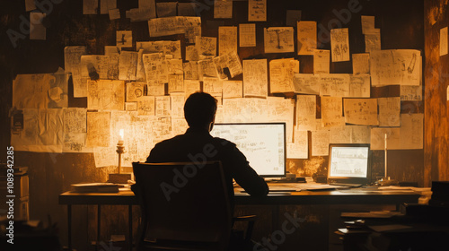 Business Failure, Wall of Ideas, Desk, Computer, Night