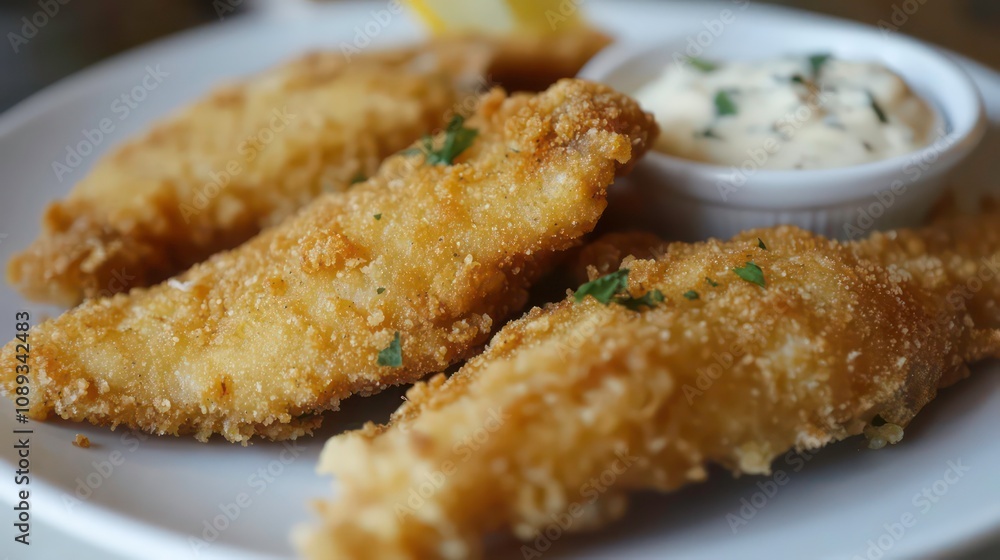 Crispy golden fish fingers served with a creamy tartar sauce on a white plate. Crispy golden fish fingers served with a creamy tartar sauce on a white plate.