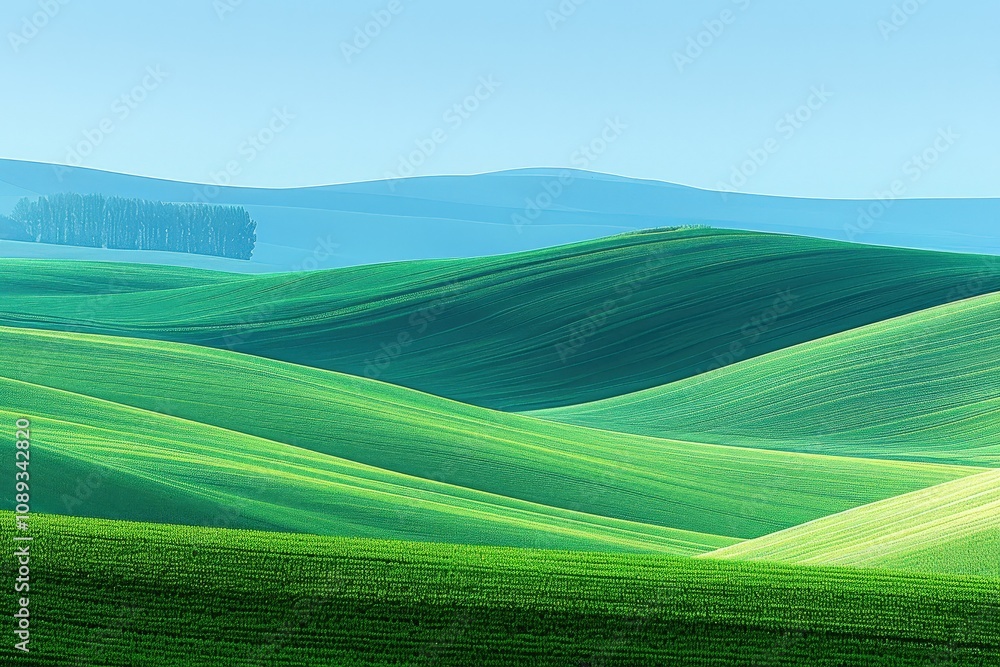 Fototapeta premium Serene green hills under a clear blue sky, showcasing the beauty of nature and lush landscapes in a tranquil setting.