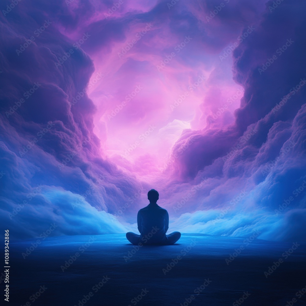 a serene figure meditating in a colorful cloudscape, evoking peace and tranquility a serene figure meditating in a colorful cloudscape, evoking peace and tranquility