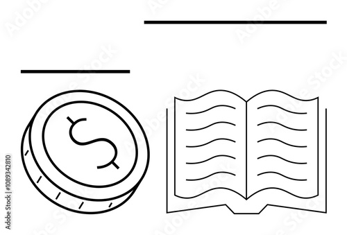 Dollar coin next to open book with wavy lines representing text. Ideal for banking, finance, education, investment, money management, online courses, financial literacy. Line metaphor