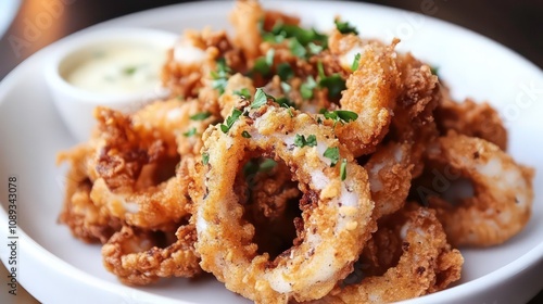 Crispy fried calamari rings with a side of creamy dipping sauce on a white plate.