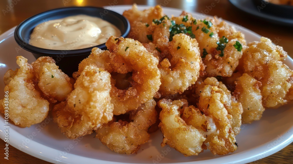 A plate of crispy fried calamari rings with a side of creamy dipping sauce, garnished with fresh herbs. A plate of crispy fried calamari rings with a side of creamy dipping sauce, garnished with fresh herbs.