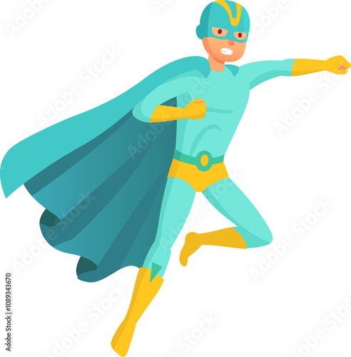 Flying superhero in turquoise and yellow costume with cape, throwing punch with strength and courage to fight evil and protect people