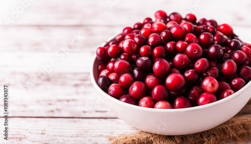 Fresh cranberries in a white bowl placed on rustic wooden boards. AI generated.