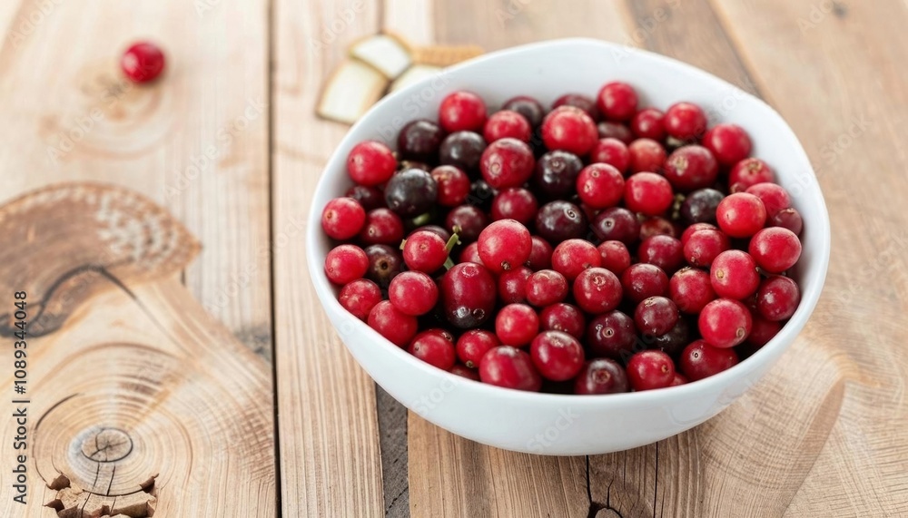 Fresh cranberries in a white bowl placed on rustic wooden boards. AI generated. Fresh cranberries in a white bowl placed on rustic wooden boards. AI generated.