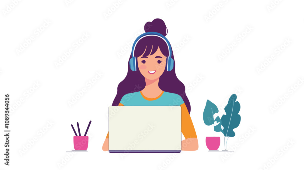 Online Technical Support Concept with Woman in Headphone Online Technical Support Concept with Woman in Headphone