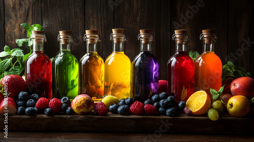 Artisanal Fruit Vinegar: Colorful Bottles, Fresh Fruits, Vibrant Drinks photo